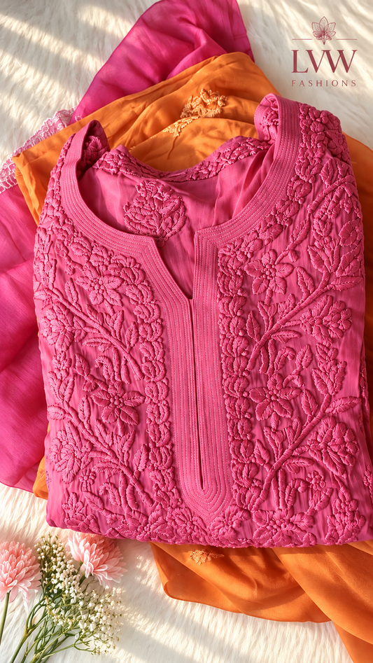 Ombre Viscose Premium Georgette Chikankari kurta Set 7D Embroidery
