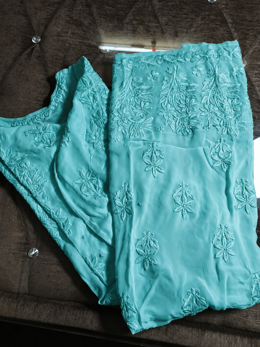Mint Premium Georgette Chikankari Pure Handcrafted Luxurious Long Kurta