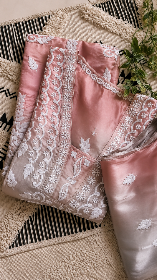Rose & Ash Silk Pure Handcrafted Designer Co-ord Set with Chikankari and golden work