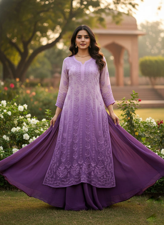 Abaya Rose Ombre Luxurious Pure Handcrafted Chikankari Kurta With Flared Skirt