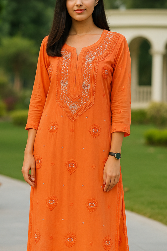 Rust Orange Noori  Premium Georgette Chikankari Kurta Cutdana Embroidery