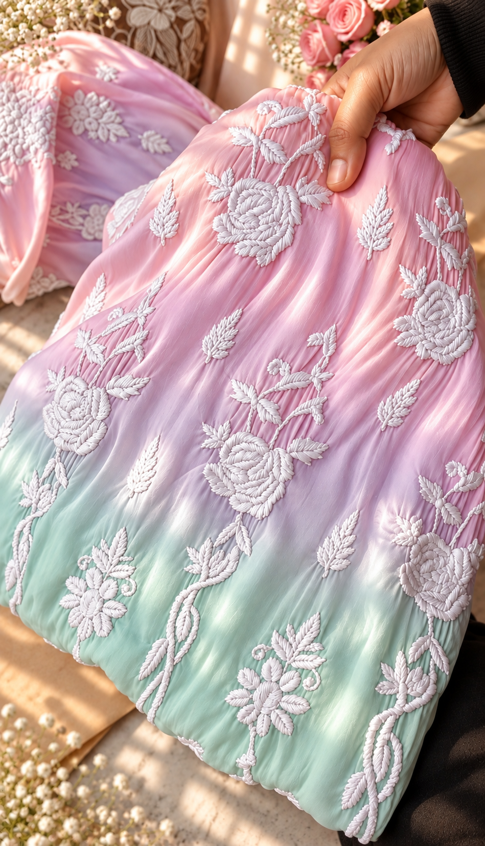 Premium silk Chikankari kurti co-ord set with intricate front and back embroidery, handcrafted by LVW Fashions in Lucknow style.