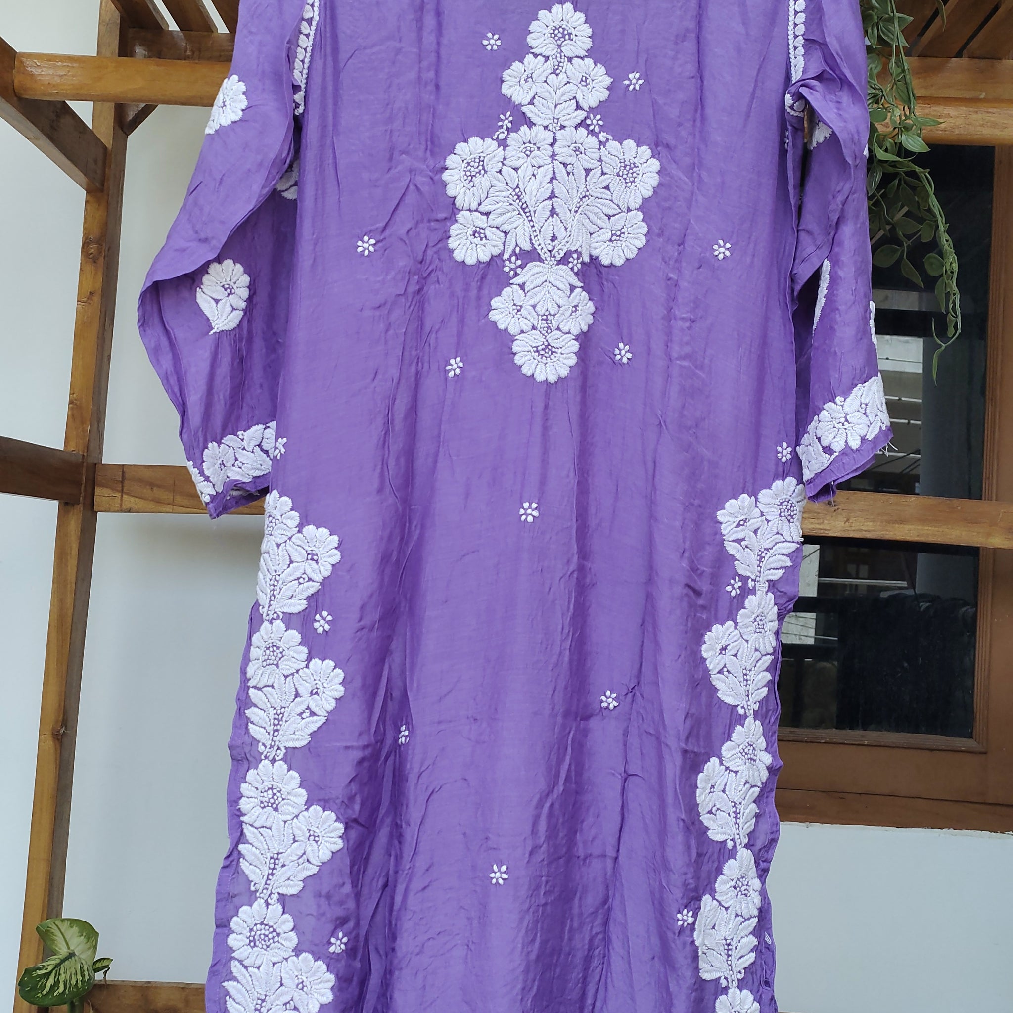 Farah Deep purple Premium Silk Luxurious Look Chikankari Long Kurta (Unique Back Embroidery)