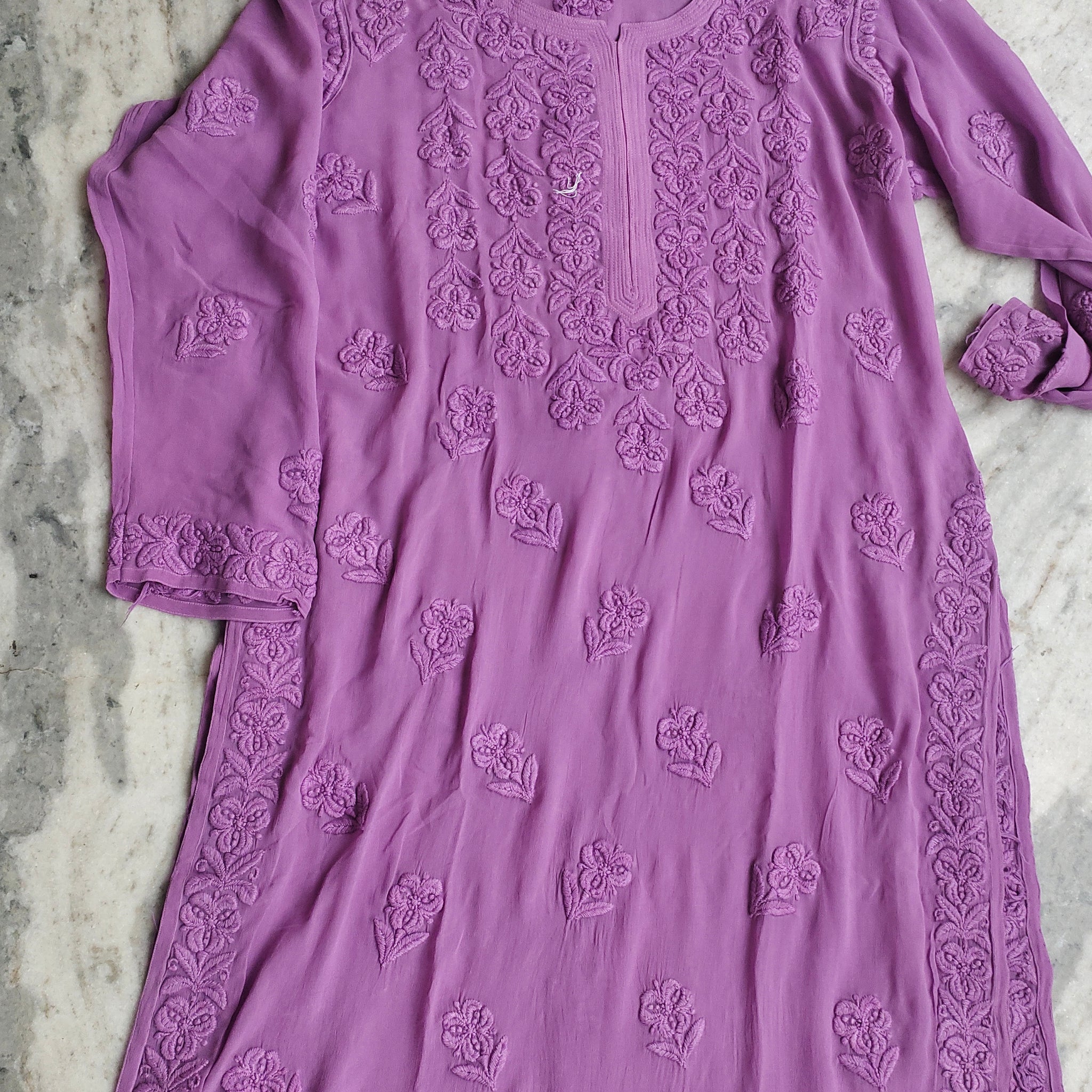 Lavender Premium Georgette Chikankari Long Kurti Pure Handcrafted