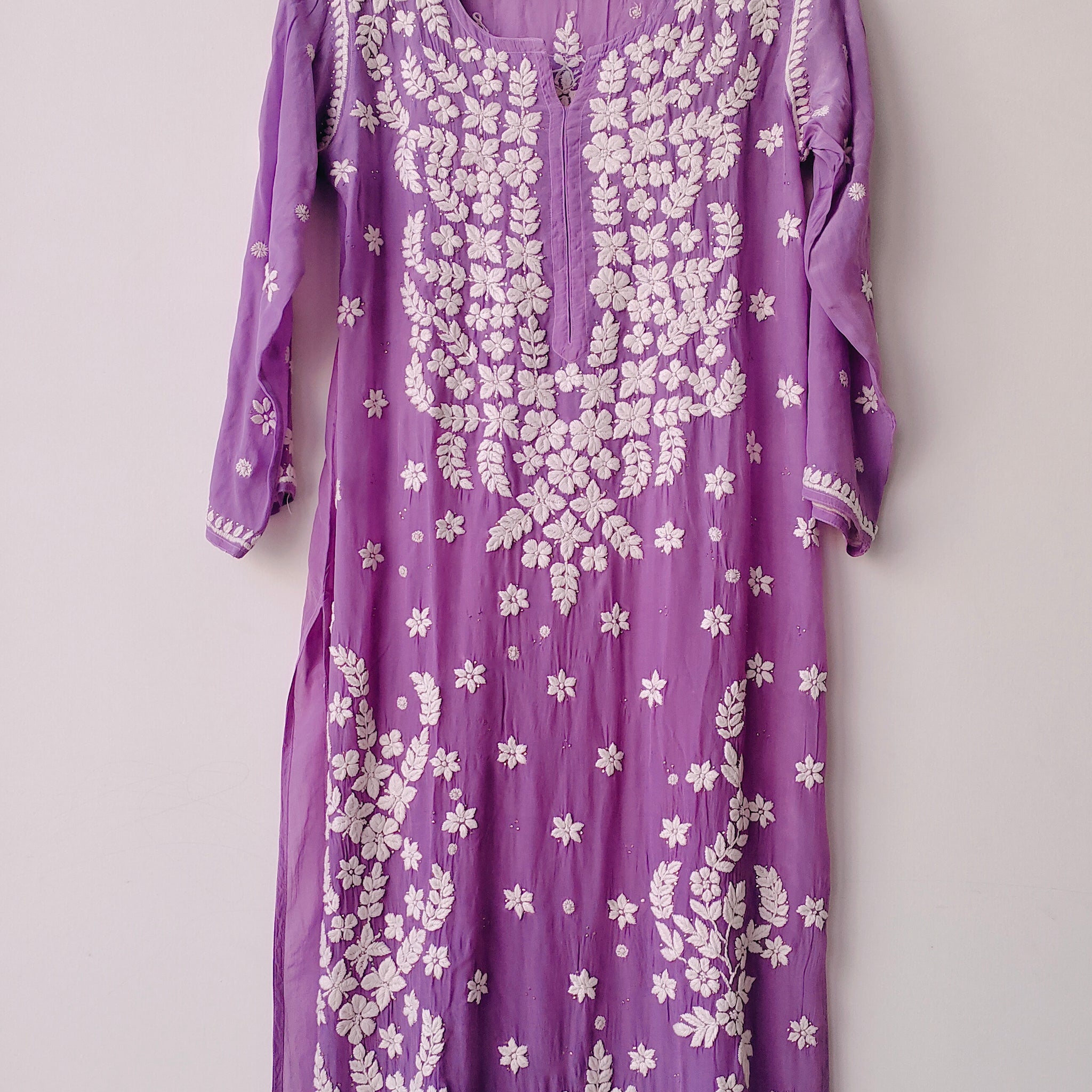 Newest Purple Premium Silk Chikankari Luxurious Long Kurta With Kamdani Add on