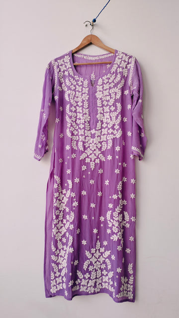 Newest Purple Premium Silk Chikankari Luxurious Long Kurta With Kamdani Add on