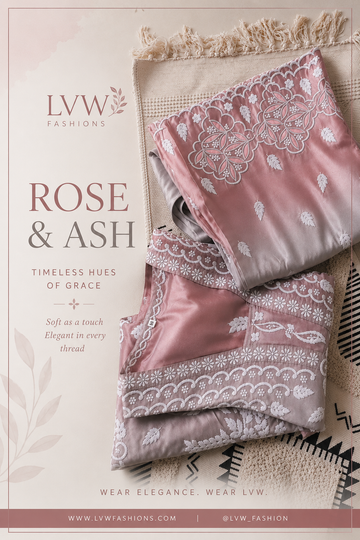 Rose & Ash Silk Pure Handcrafted Designer Co-ord Set with Chikankari and golden work