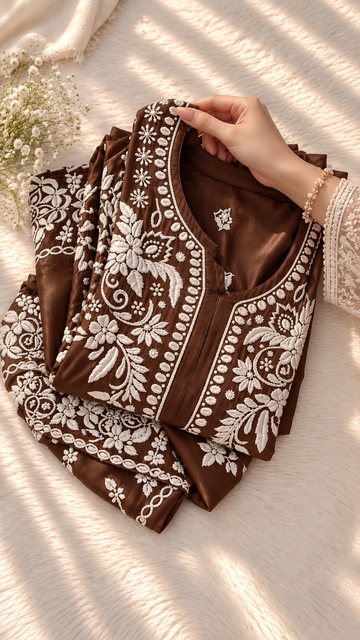 Hershey's kiss Beautiful Pure Handcrafted Premium Georgette Chikankari co-ord Set