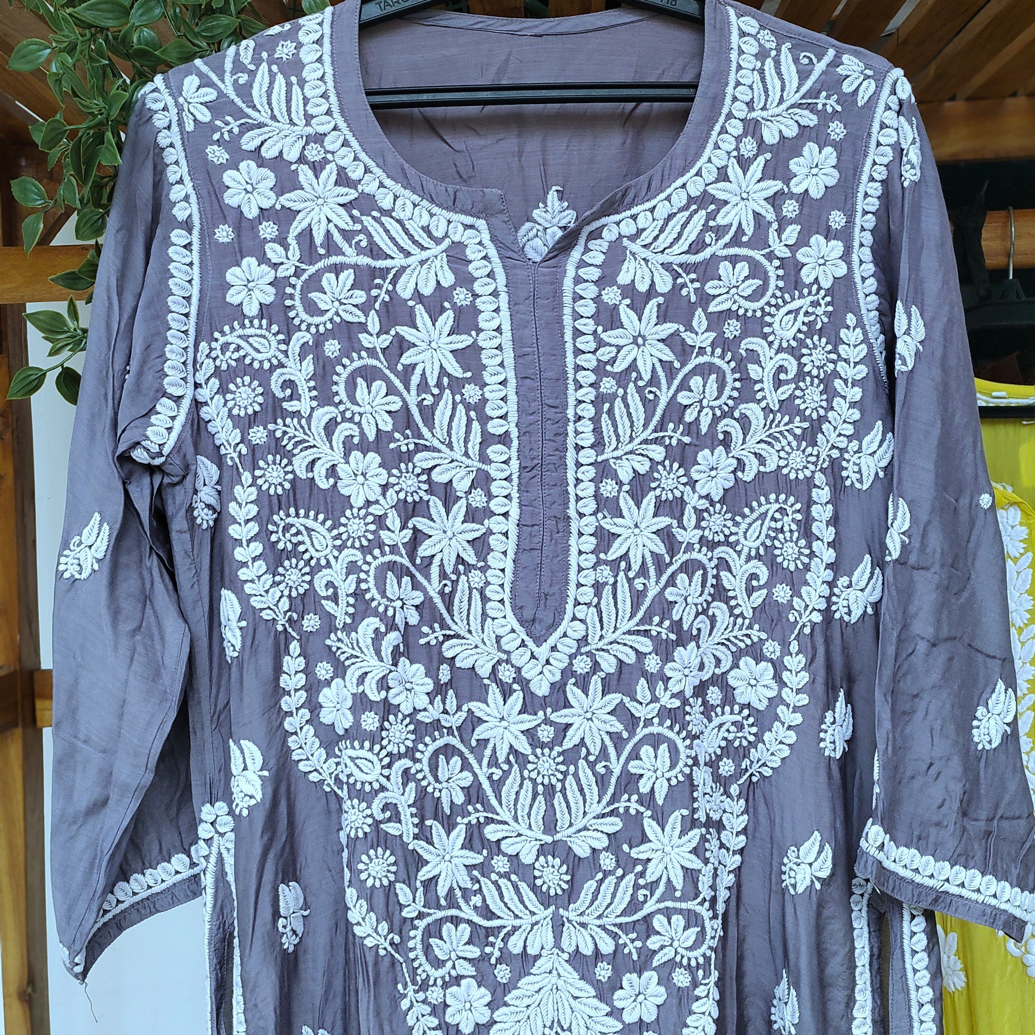 Falak Grayish Blue Premium Silk Chikankari Kurta Heavy Neck Design