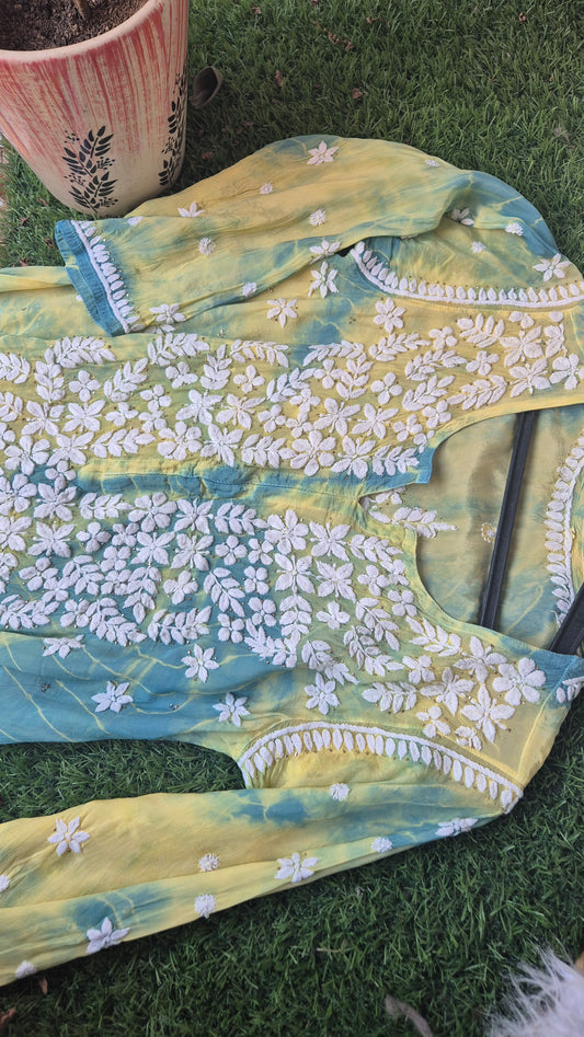 Alifa Tie Dye Beautiful Premium Georgette Chikankari Luxurious Long Kurta with kamdani add on