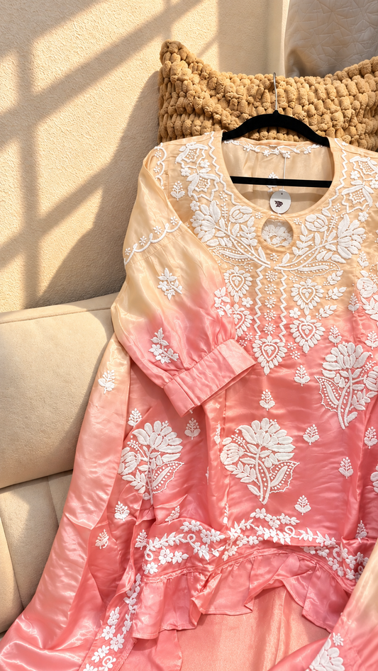 Whitish Pink Omrbe Silk High Low Co-ord Set