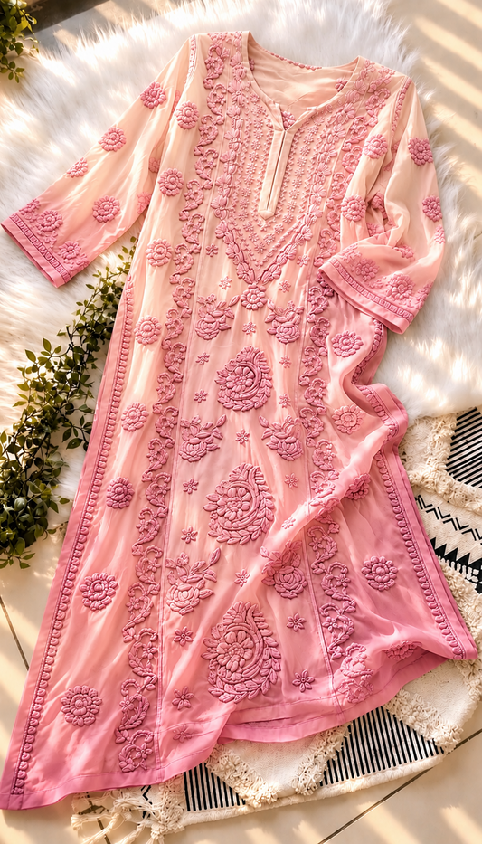 Blush Viscose Premium Georgette Chikankari kurta Set 7D Embroidery