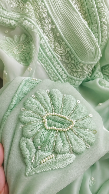 Noori Mint Ombre Premium Georgette Chikankari Pearls Cutdana Embroidery