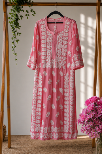 Beautiful Pinkish Chikankari Pure Handcrafted Luxurious Long Kurta