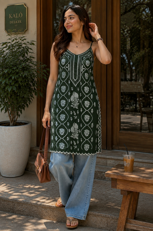 Deep Green Tulip Beautiful Premium crepe silk Pure Handcrafted Tunic