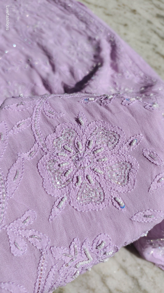 Restock Tarana Pearls Lavender Premium Georgette Chikankari Luxurious kurta