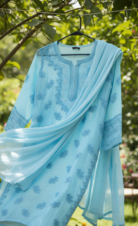 Noori Ombre Premium Silk Chikankari Pearls Cutdana Embroidery