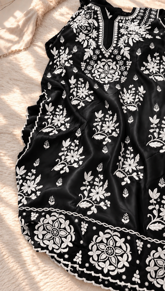 Black Premium Silk Chikankari kurti co-ord set