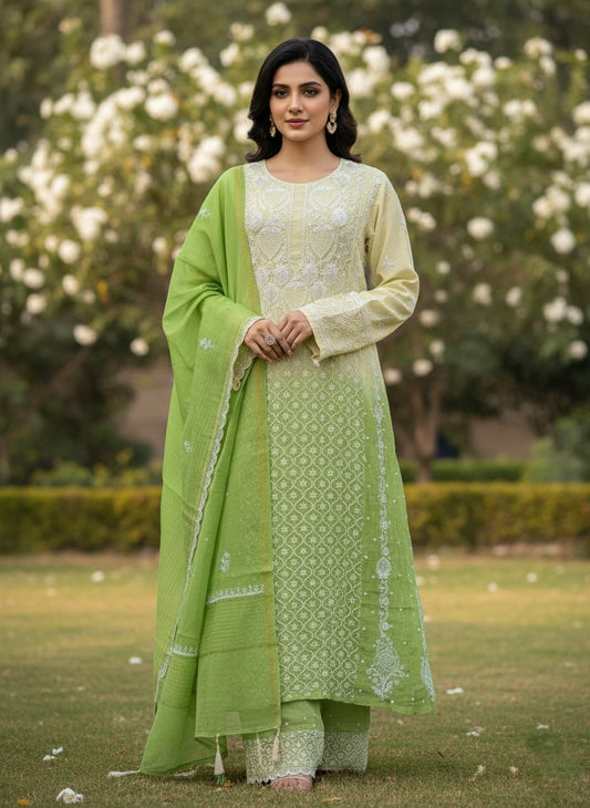 Arush Lux Premium Pure Mul Chanderi Chikankari Pearl And Cutdana Luxurious Anarkali Dupatta Set