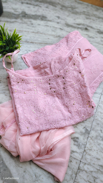 Gulabi Tunic Chikankari Set floral Embroidery And Mukaish