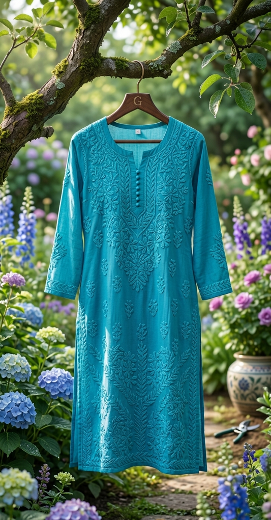 RAFIYA Turquoise  Premium Silk  Puffed Chikankari Long Kurta Pure Handcrafted