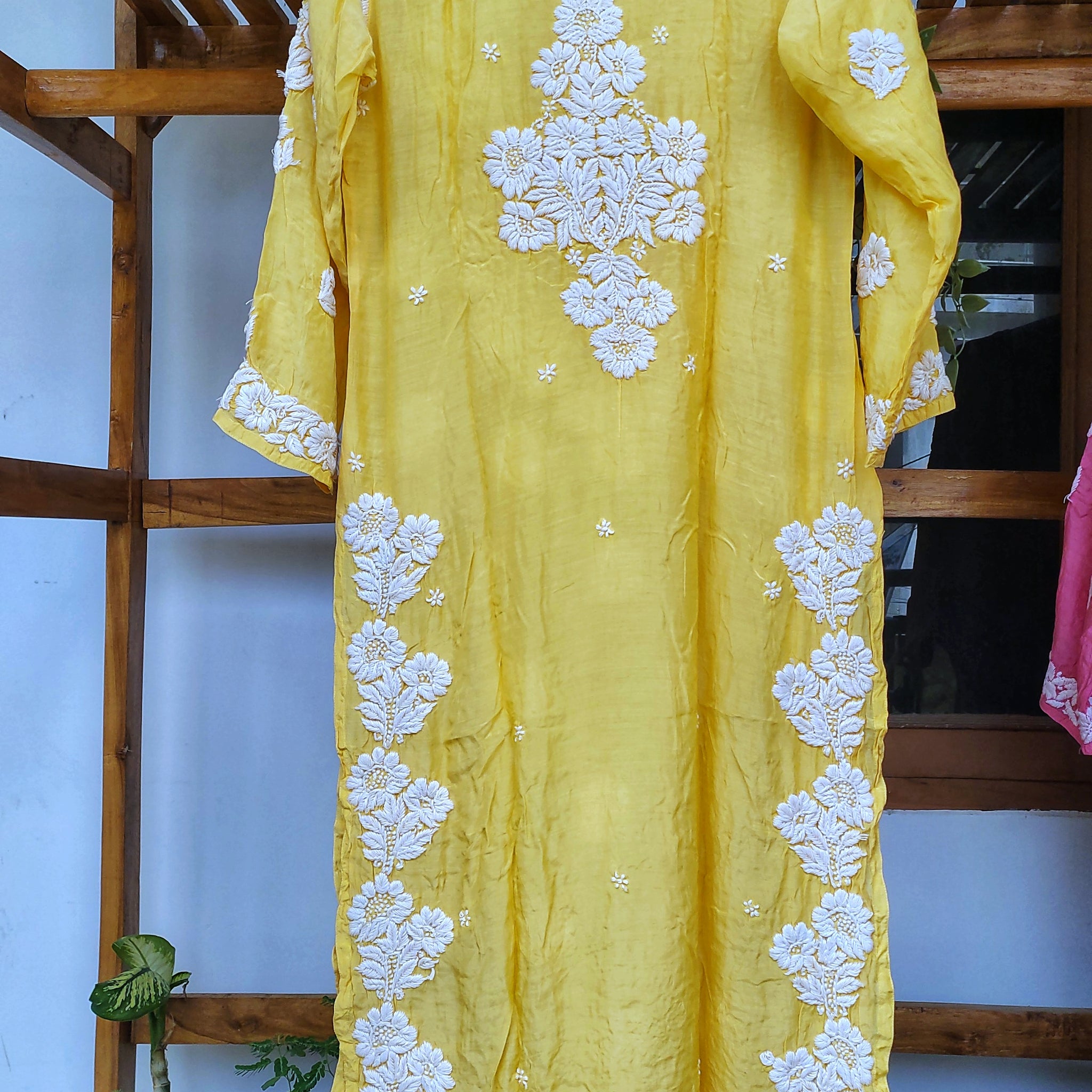 Farah Yellow Premium Silk Luxurious Look Chikankari Long Kurti (Unique Back Embroidery)