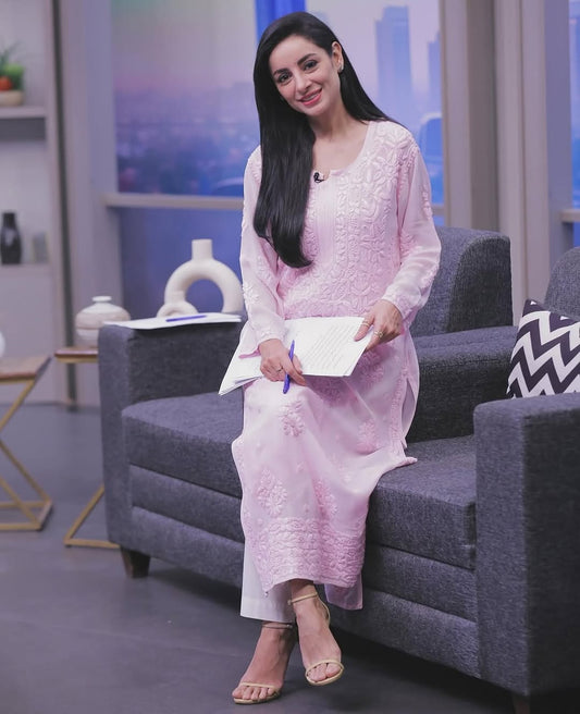 Rose Pink Premium Georgette Neck Daman Chikankari Long Kurti