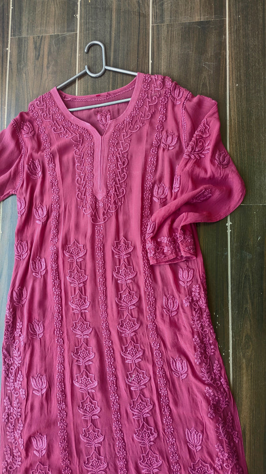 Onion Shade Lotus motifs Premium Georgette luxurious Chikankari Long Kurta Heavy Embroidery with Light weight