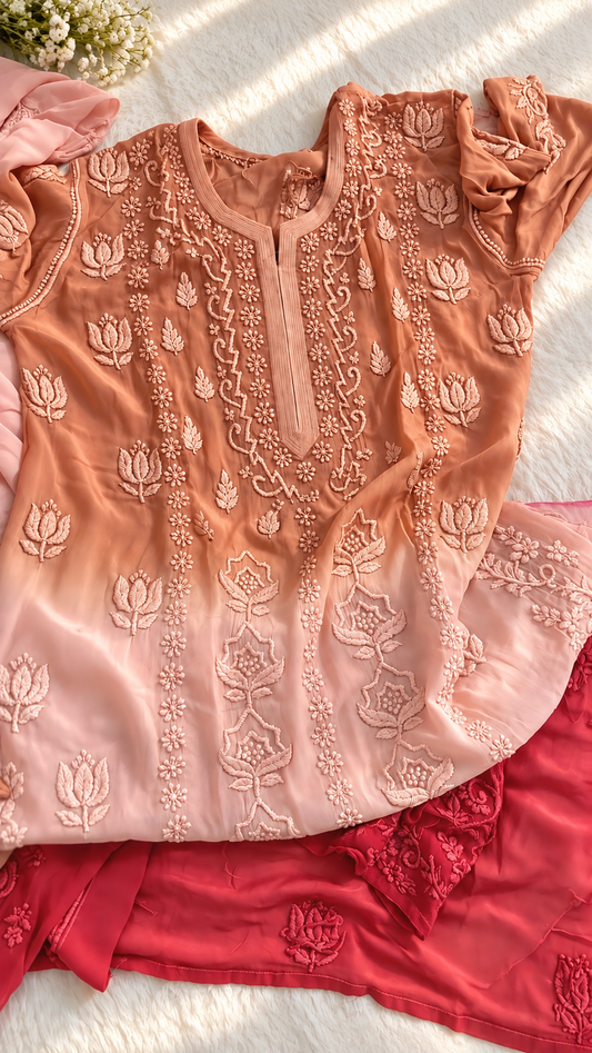 Lavender omrbe premium georgette long kurta with intricate handmade Chikankari embroidery by LVW Fashions, traditional Lucknow design.