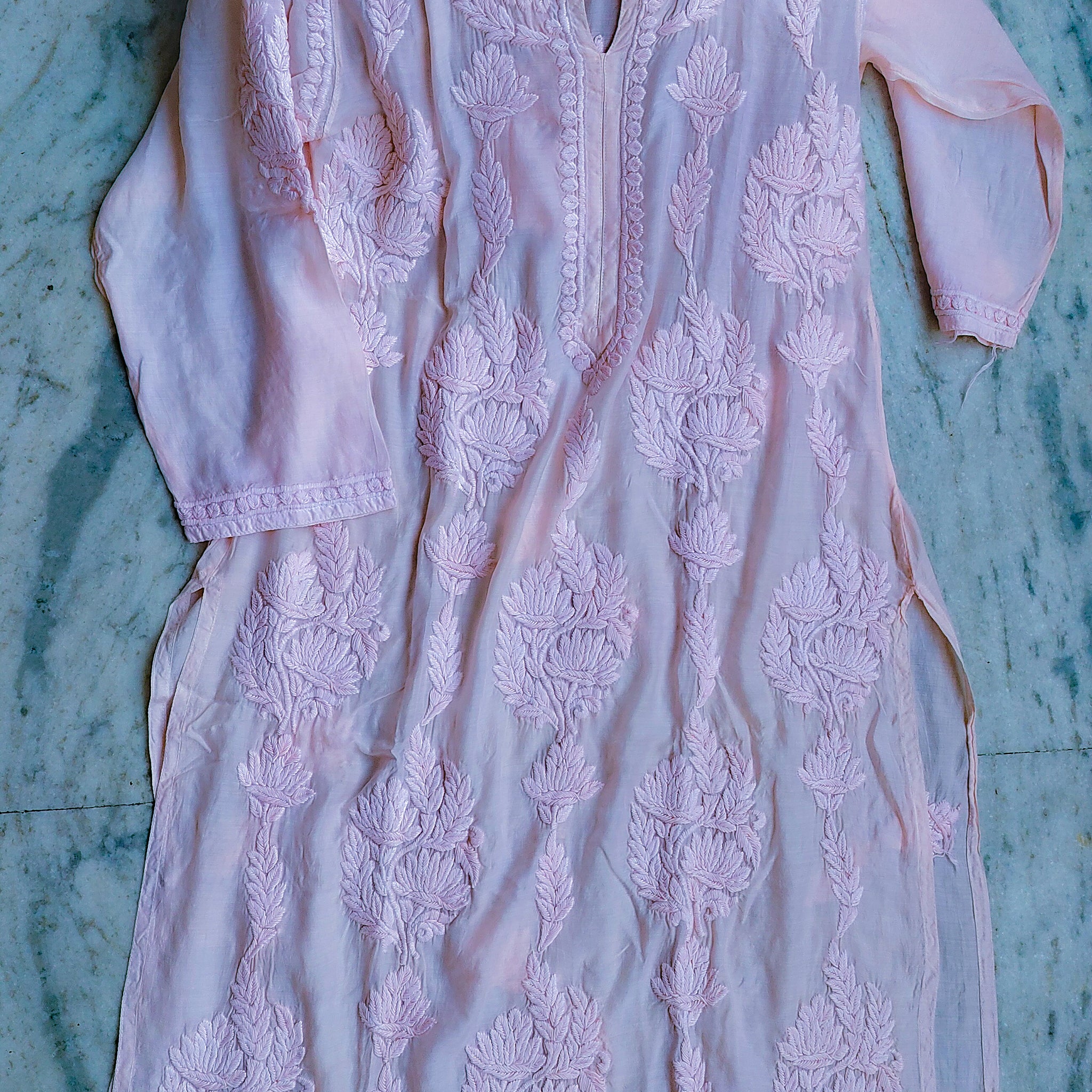 Baby Pink Lotus Premium Silk Chikankari Long Kurta