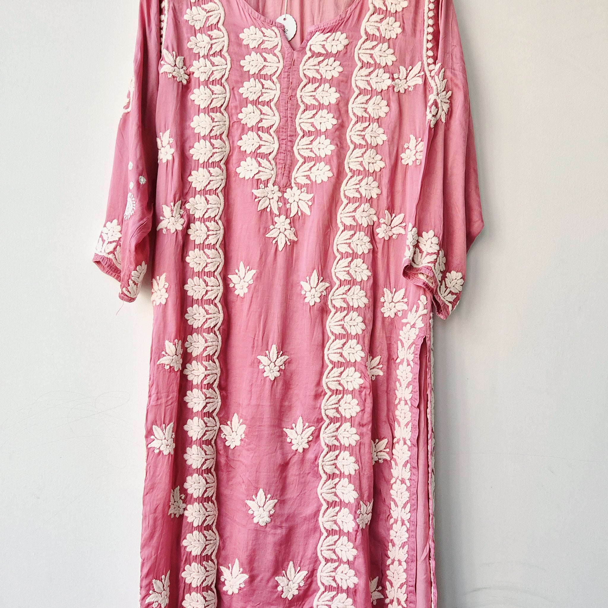 Light Thulian pink Premium Silk Chikankari Kurti