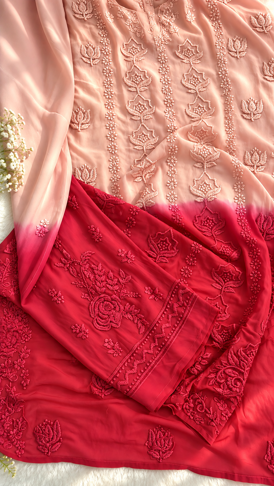 Elegant LVW Fashions women’s georgette long kurta with intricate handmade Chikankari embroidery in a luxurious design.
