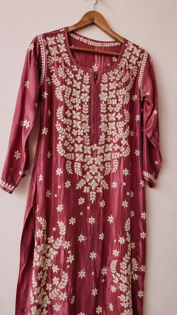 Beautiful Rouge  Shade Pure Mul Silk Chikankari Kurti for Women with kamdani