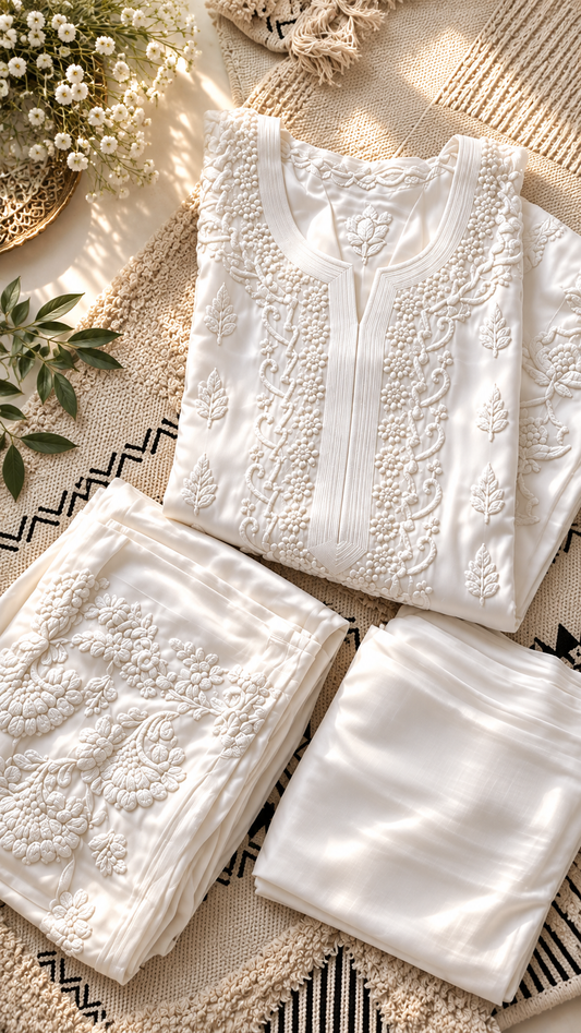 White viscous georgette long Kurti set with handcrafted Chikankari embroidery, highlighting traditional craftsmanship and elegant design.