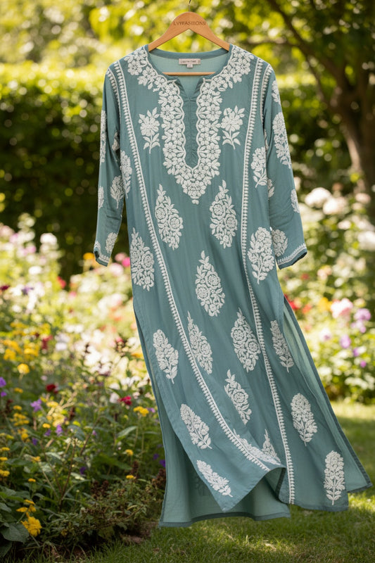 Sinopia Premium Silk Chikankari Long Aline Straight Kurta