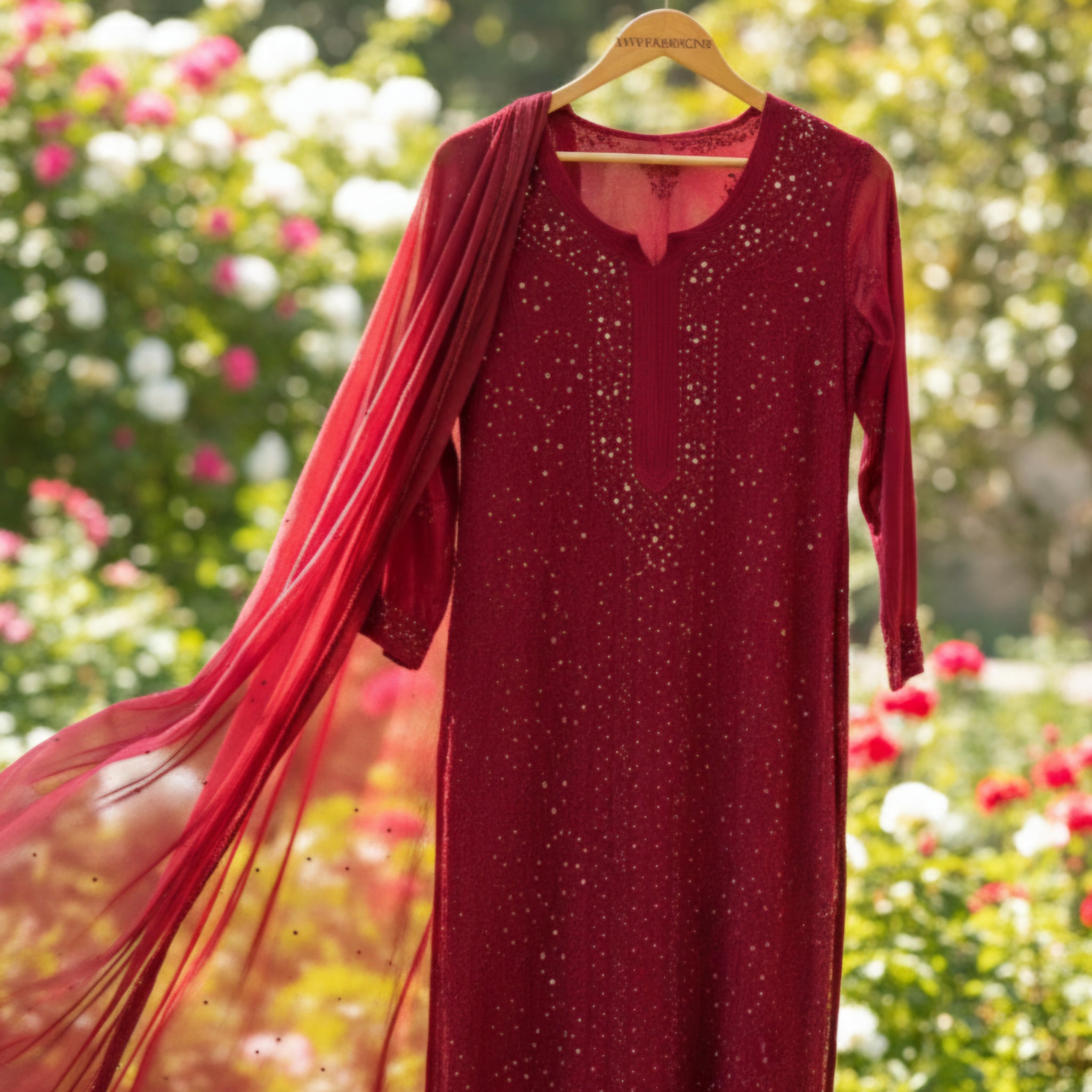 Blood Red Premium Georgette Chikankari Luxurious Set With Kamdani Add on