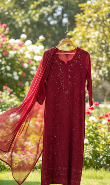 Blood Red Premium Georgette Chikankari Luxurious Set With Kamdani Add on