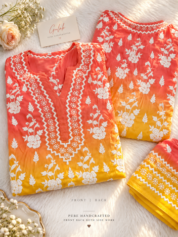 Coral Gulab Co-ord Chikankari Set With back And Sleeves Embroidery Special (One Creation)