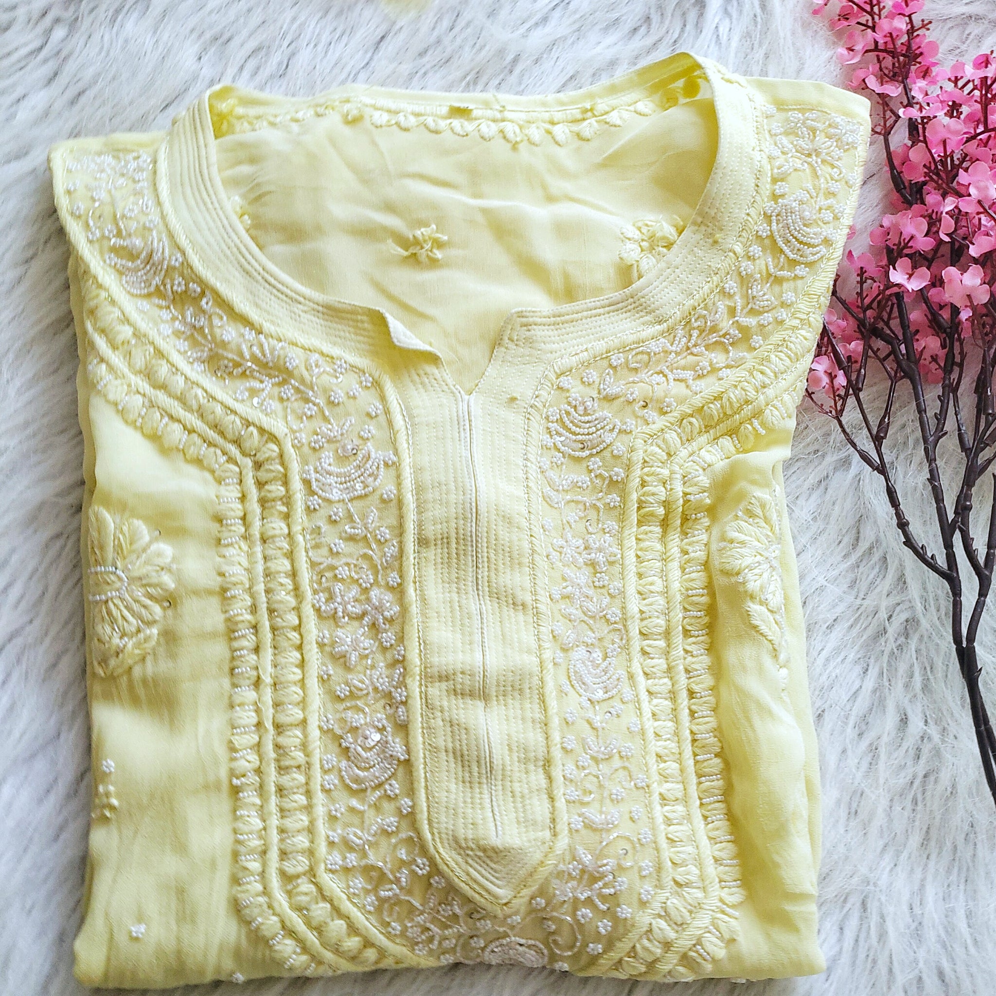 Ready To Dispatch Noori Yellow Premium Georgette Chikankari Kurta Cutdana Embroidery