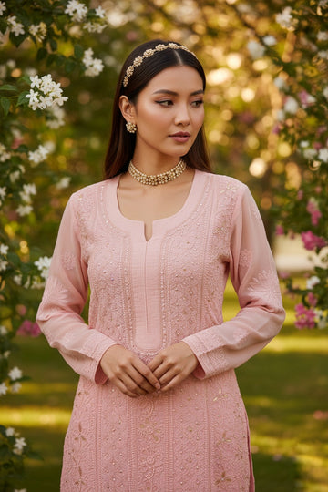 Noori Premium Mul Soft Cotton Muslin Long Chikankari Kurta With Pearl And Cutdana Add On