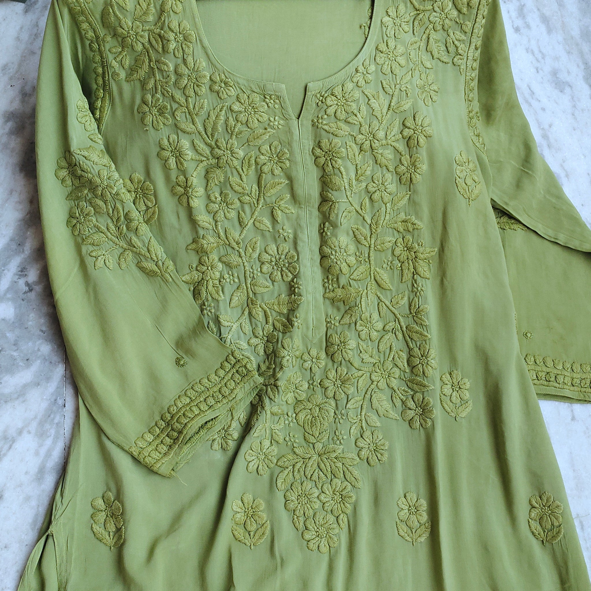 Eid Edit Soft Green Premium Modal Cotton Chikankari Long Kurti