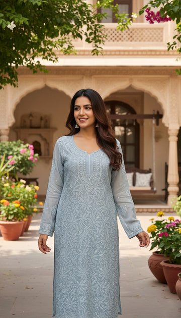 Hoor Gray Premium Georgette Chikankari Luxurious Long Kurta With Kamdani Add on