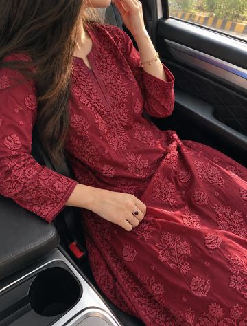Burgundy Premium Georgette luxurious Chikankari Long Kurta Heavy Embroidery with Light weight