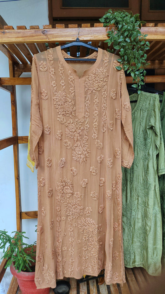 5 Roses Powder Brown Premium Georgette Luxurious Look Chikankari Long Kurti