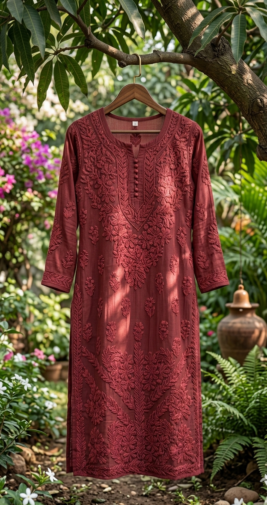 RAFIYA  Premium Silk  Puffed Chikankari Long Kurta Pure Handcrafted