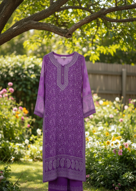 Heer Beautiful Premium Georgette Chikankari Luxurious Long Kurta With Kamdani Add-on