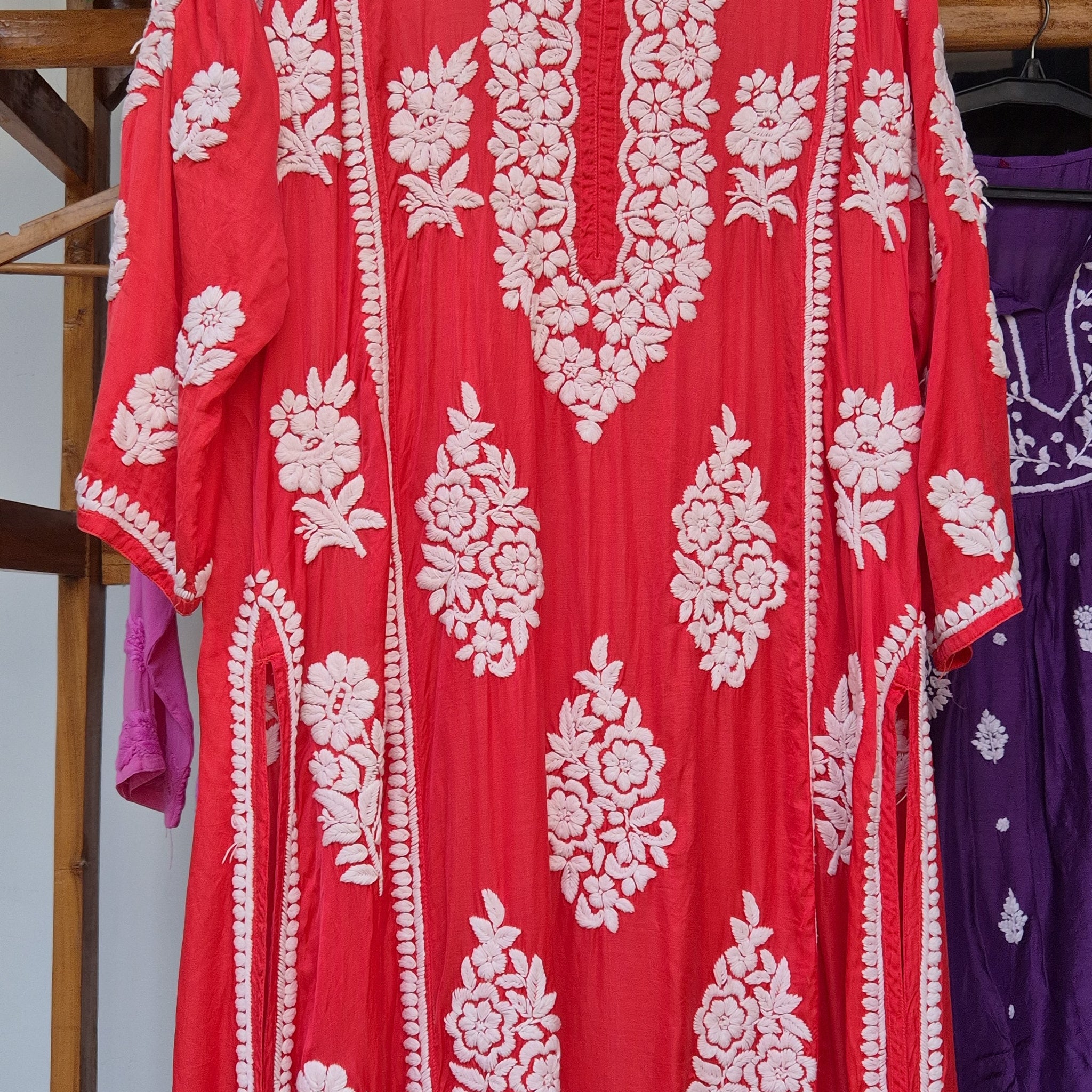 Rusty Red Premium Silk Luxurious Long Straight Dress Pure Handmade Chikankari