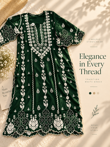 Emerald Green Sarah With back And Sleeves Cutwork Pure Handcrafted Chikankari Kurti Special