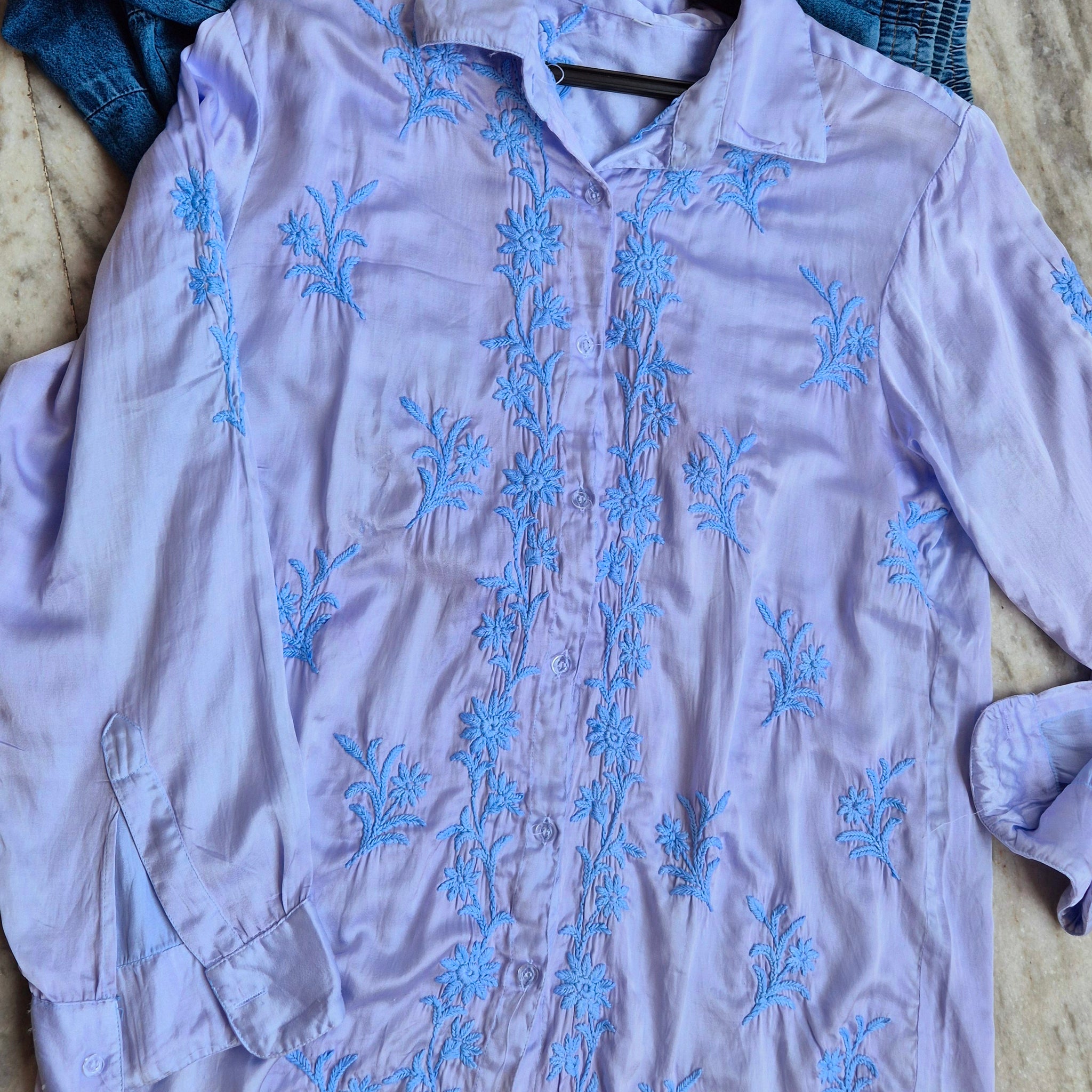 Beautiful Ink Blue Premium Satin Silk Chikankari Shirt