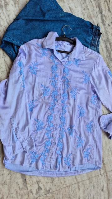 Beautiful Ink Blue Premium Satin Silk Chikankari Shirt